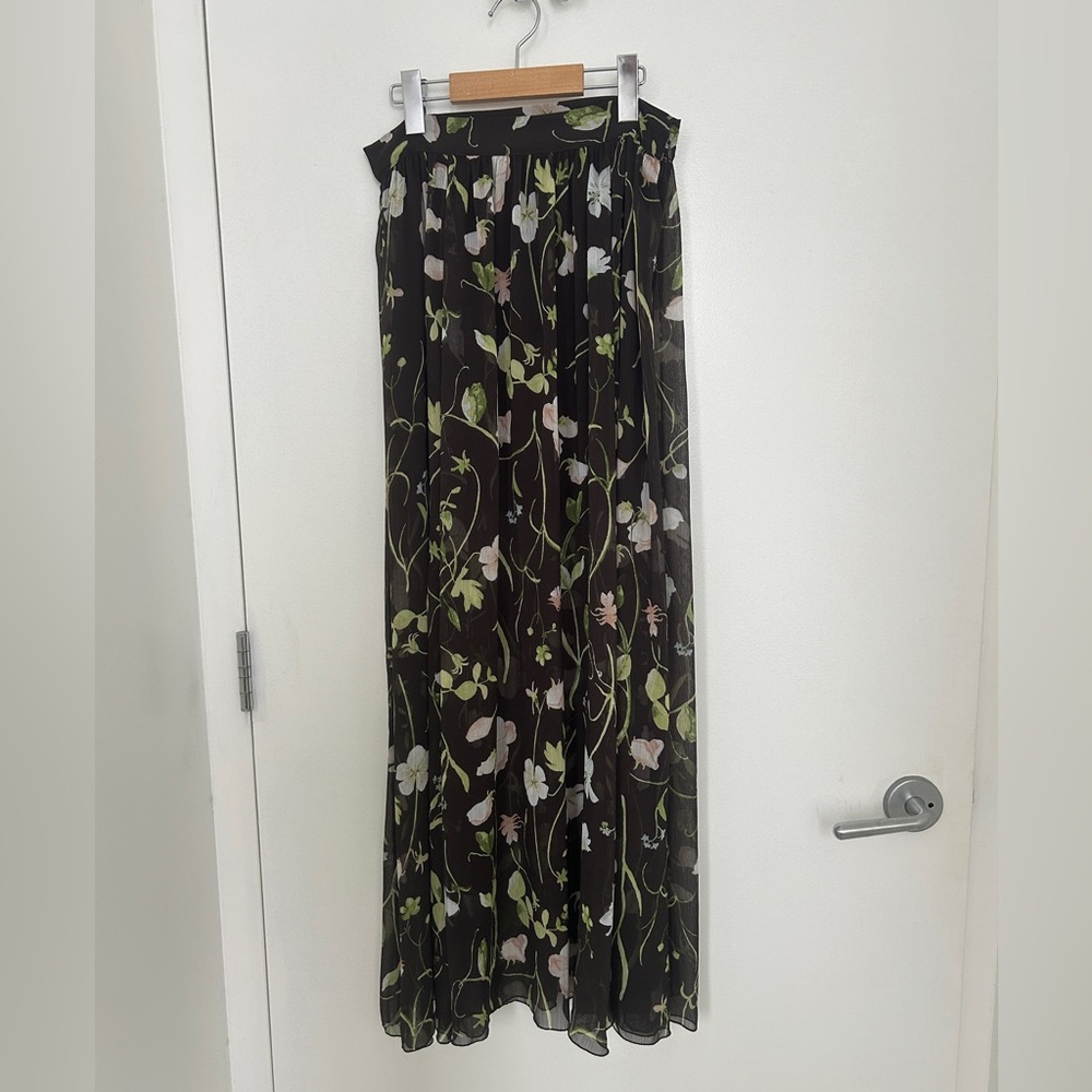 H&M Women’s Floral Brown & Green Crinkled Midi Skirt M – Sheer, Lined, NWOT
